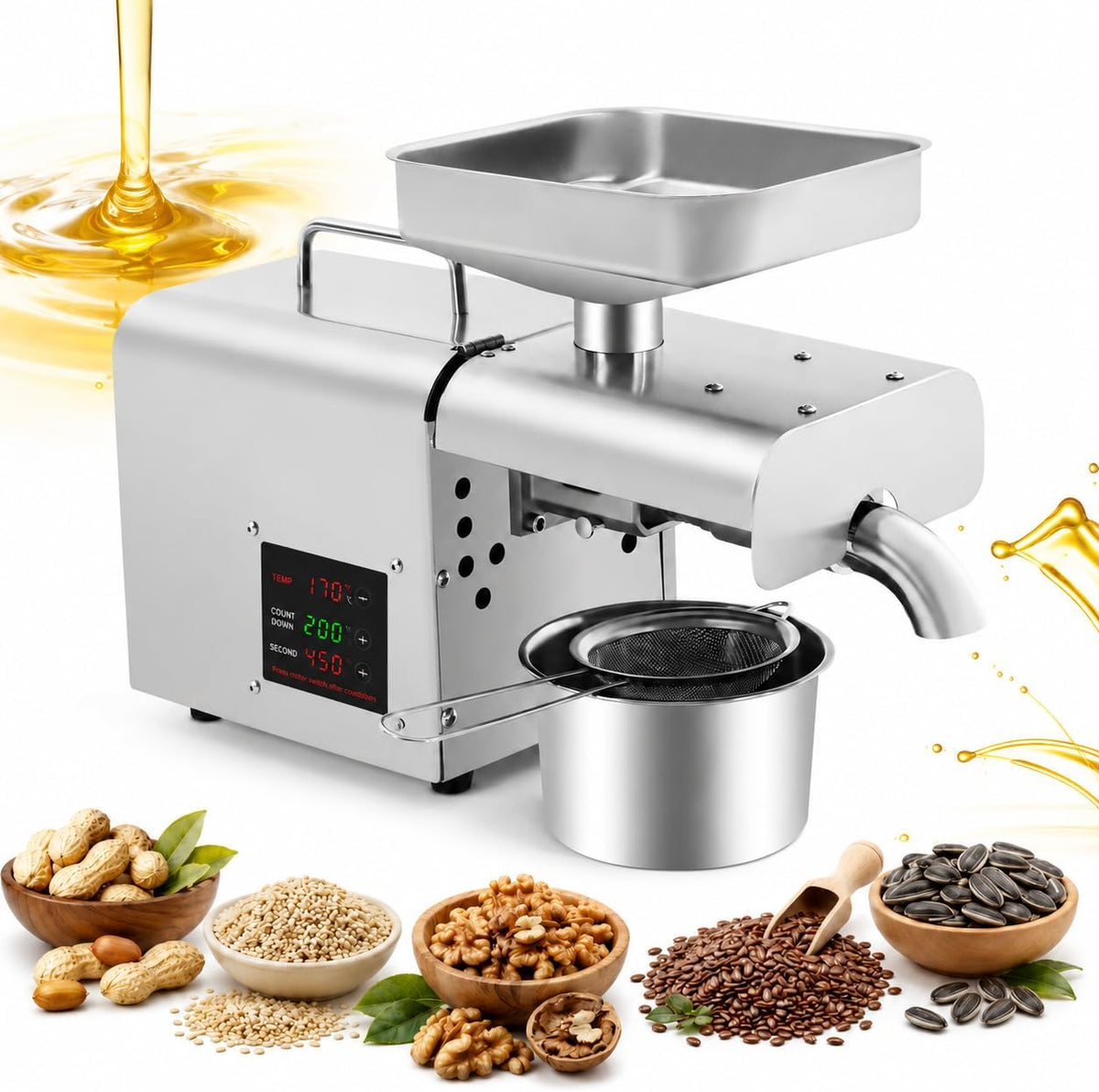 yunaoii Sapmachines met enkele vijzel Elektrische oliepers, 610 W, 50-250 °C, instelbaar, roestvrij