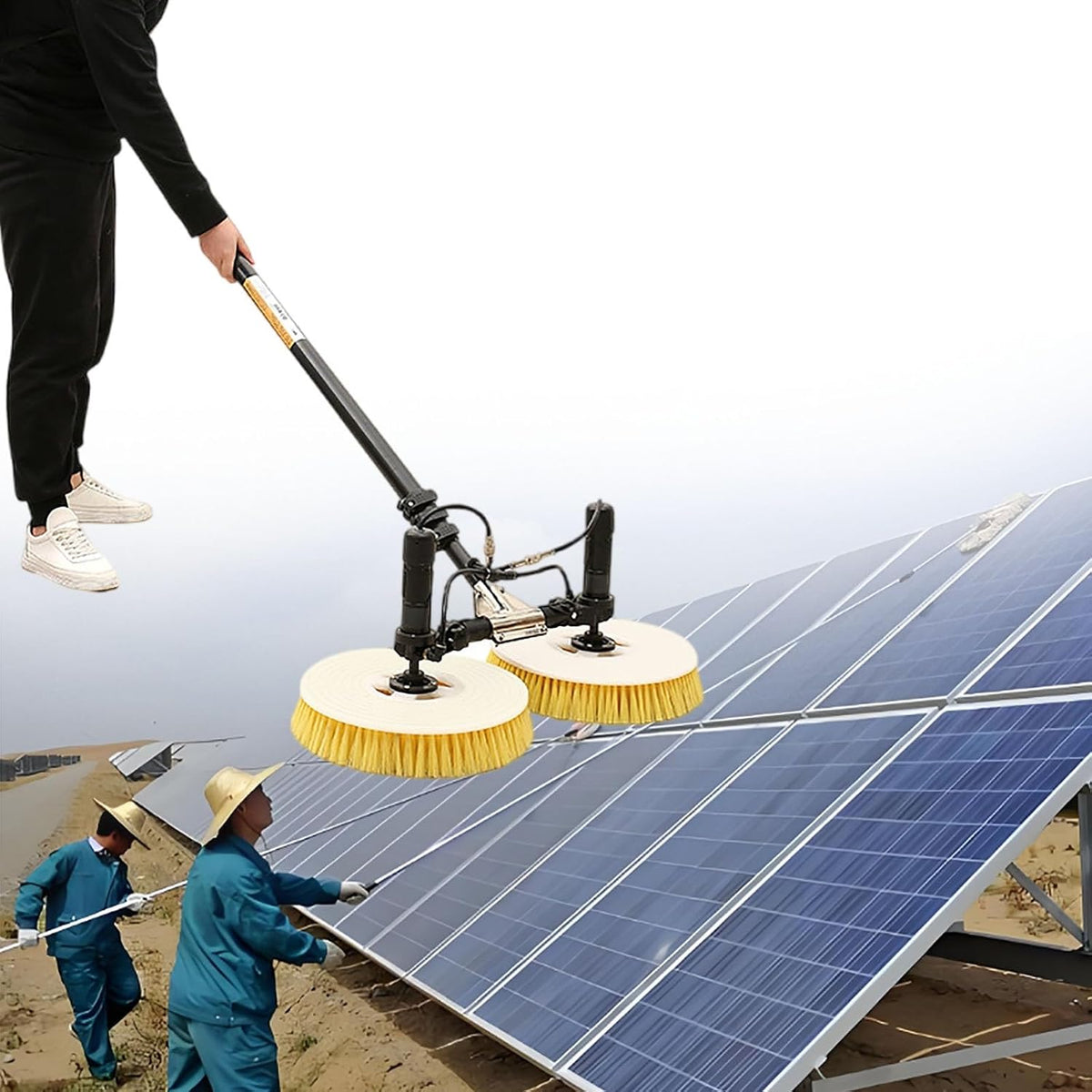 Schoonmaakgereedschap Reinigingsmachine, voor zonnepanelen, met telescoopstang, elektrische stokset, met dubbele kop, watervoorziening