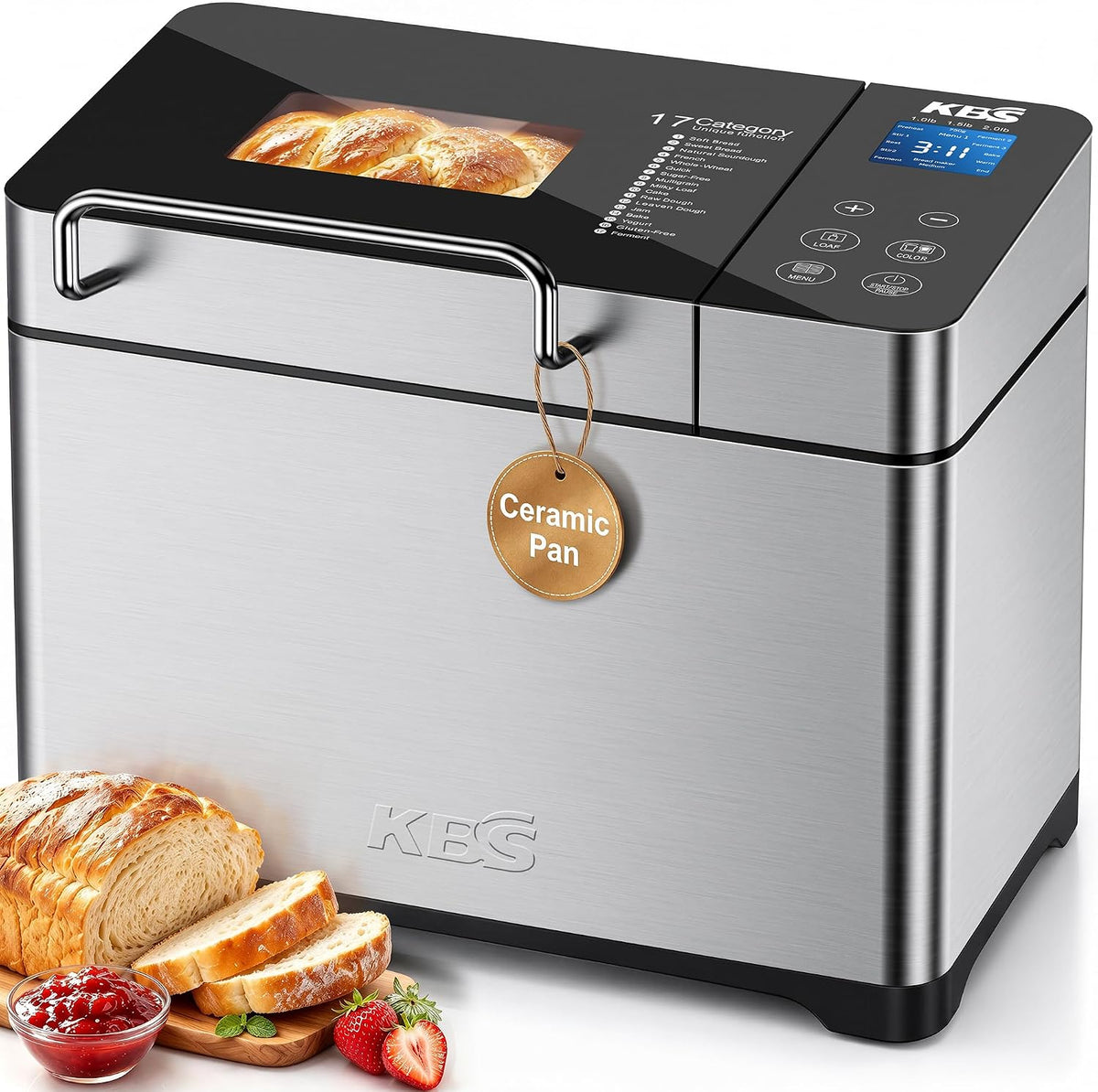 KBS Broodbakmachine Pro Stainless Steel Bread Machine, 2LB 17-in-1 Programmable XL Bread Maker with Fruit Nut Dispenser, 3 Loaf Sizes 3 Crust Colors