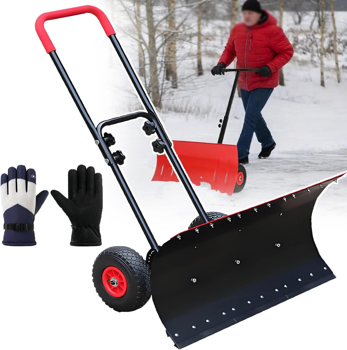 Sneeuwschuiver, graan en kolen verwijderen - 42 cm breedte, met wielen - draagbare handduw sneeuwschuiver, voor gemakkelijk buiten sneeuw, ijs, zand