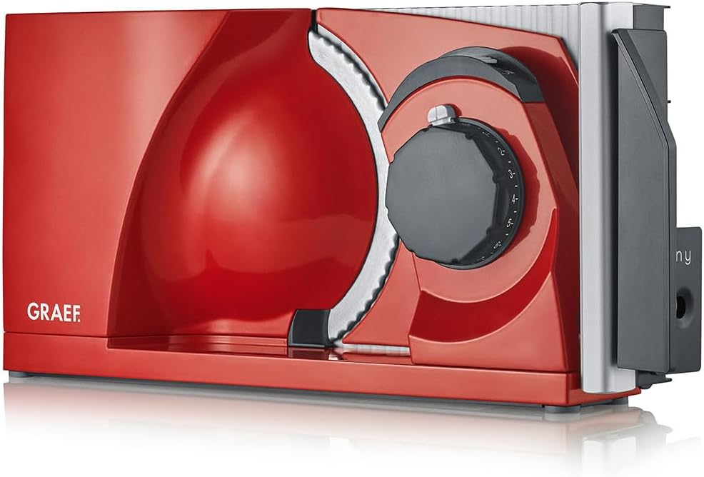 Snijmachines Graef. Graef MYtiny opvouwbare allessnijder, MT1003, rood, universele elektrische snijmachine, voor de keuken, worst, groenten