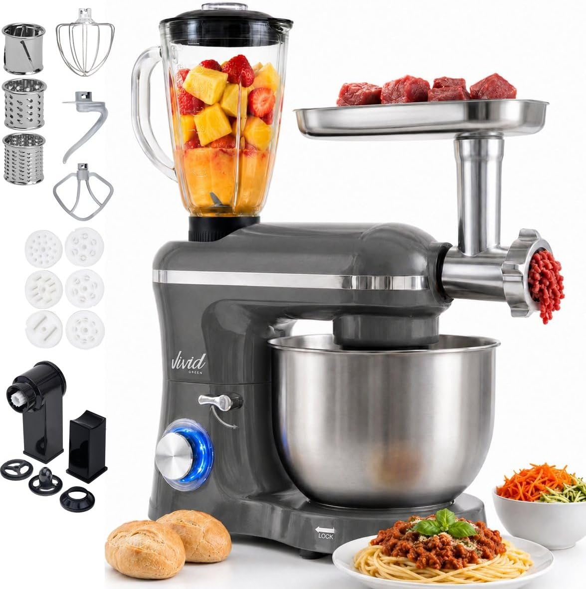 Vivid Green Keukenmachine Multifunctioneel, 6 Snelheden, 6.2L, 2000W, Grijs, Kunststof