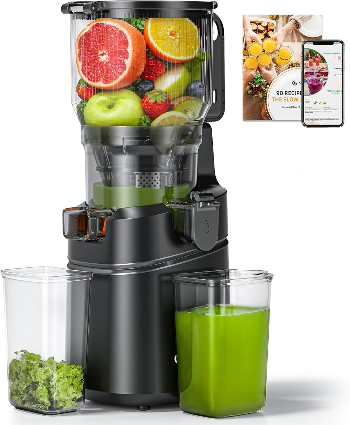 Sapcentrifuge Amzchef Slow Juicer 250W, met 150 mm XL fruit- en groentepers, met 2 liter inhoud, zwart, Automatische koudgeperste sapcentrifuge