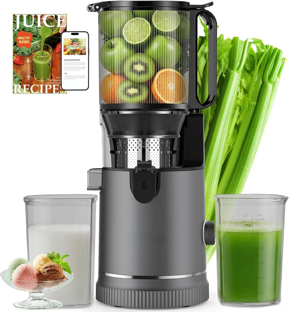 Sapcentrifuge Xtkkgfbir Slow Juicer 400 W, 152 mm XXL vulschacht, 3-in-1 sappers
